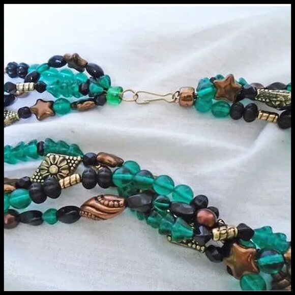 Vintage Emerald Green Glass & Copper Multi Strand Bead Necklace, OOAK - Picture 4 of 10